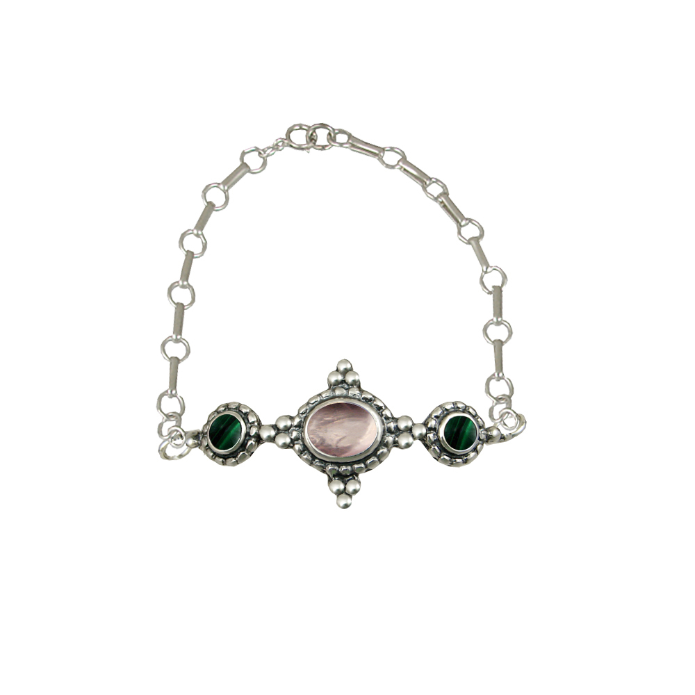 Sterling Silver Gemstone Adjustable Chain Bracelet With Rose Quartz And Malachite